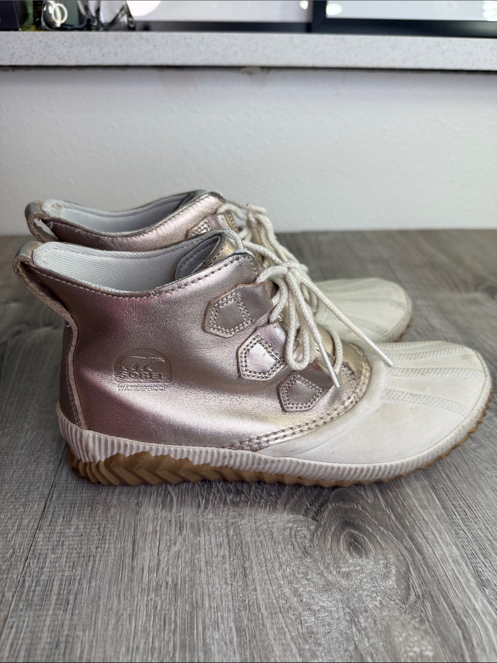 Sorel Metallic Rose Gold and Cream Lace-Up Waterproof Sneakers